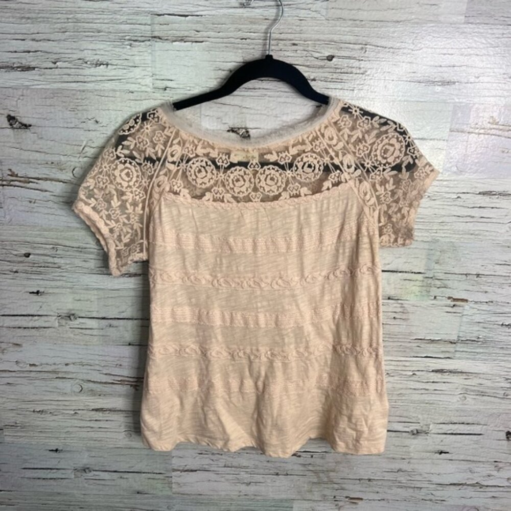 Meadow Rue Cream Lace Yoke Short Sleeve Blouse